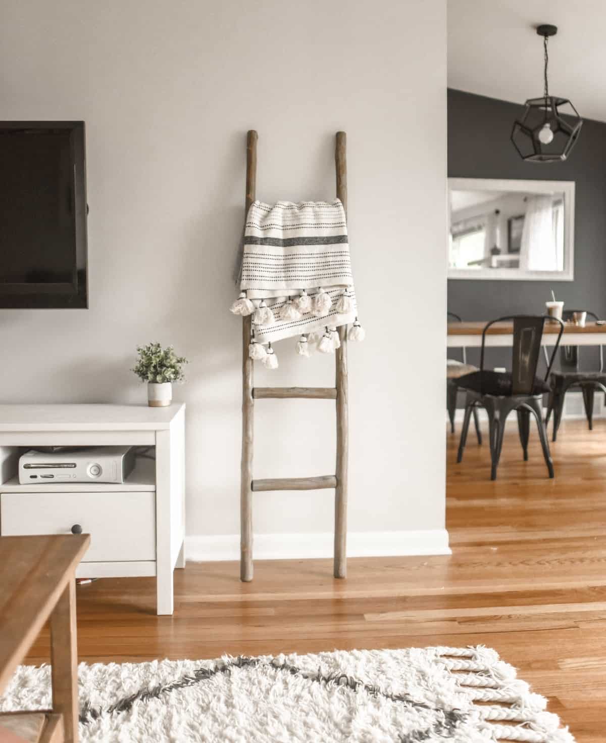 A trendy living room with a blanket ladder next to a white tv stand and television.