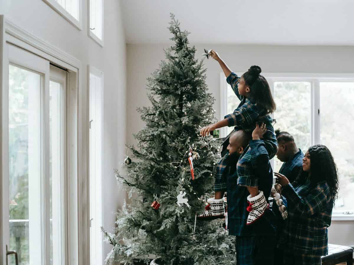 family setting up their christmas tree during the day