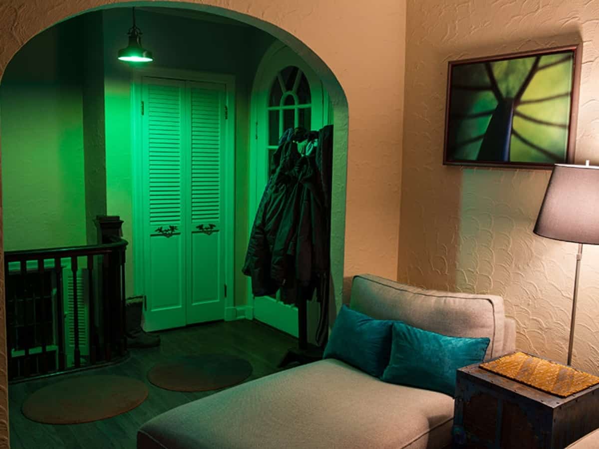 green lights in front entry way of home