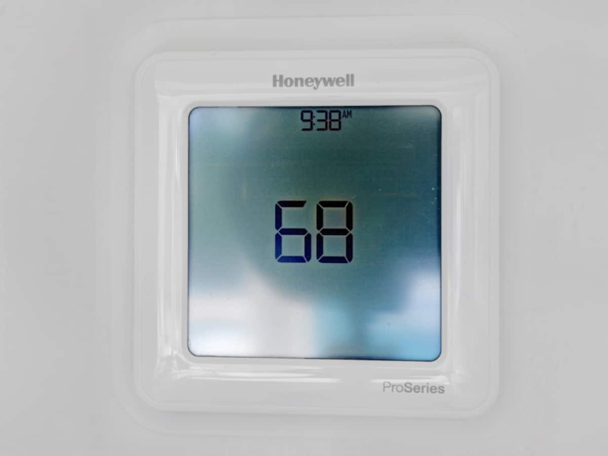 closeup of honeywell smart thermostat at 68 degrees
