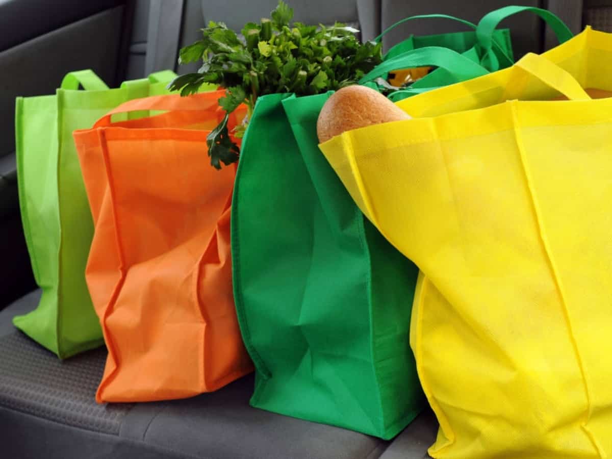 Four colorful eco-friendly shopping bags filled mostly with groceries in the back seat of a car.