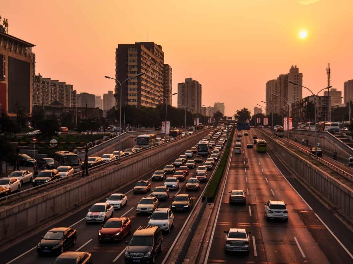 aerial view of traffic at sunset