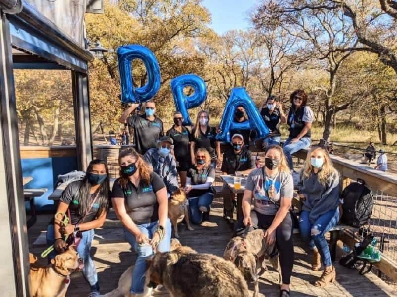 Volunteers for Dallas Pets Alive sitting outside with dogs.