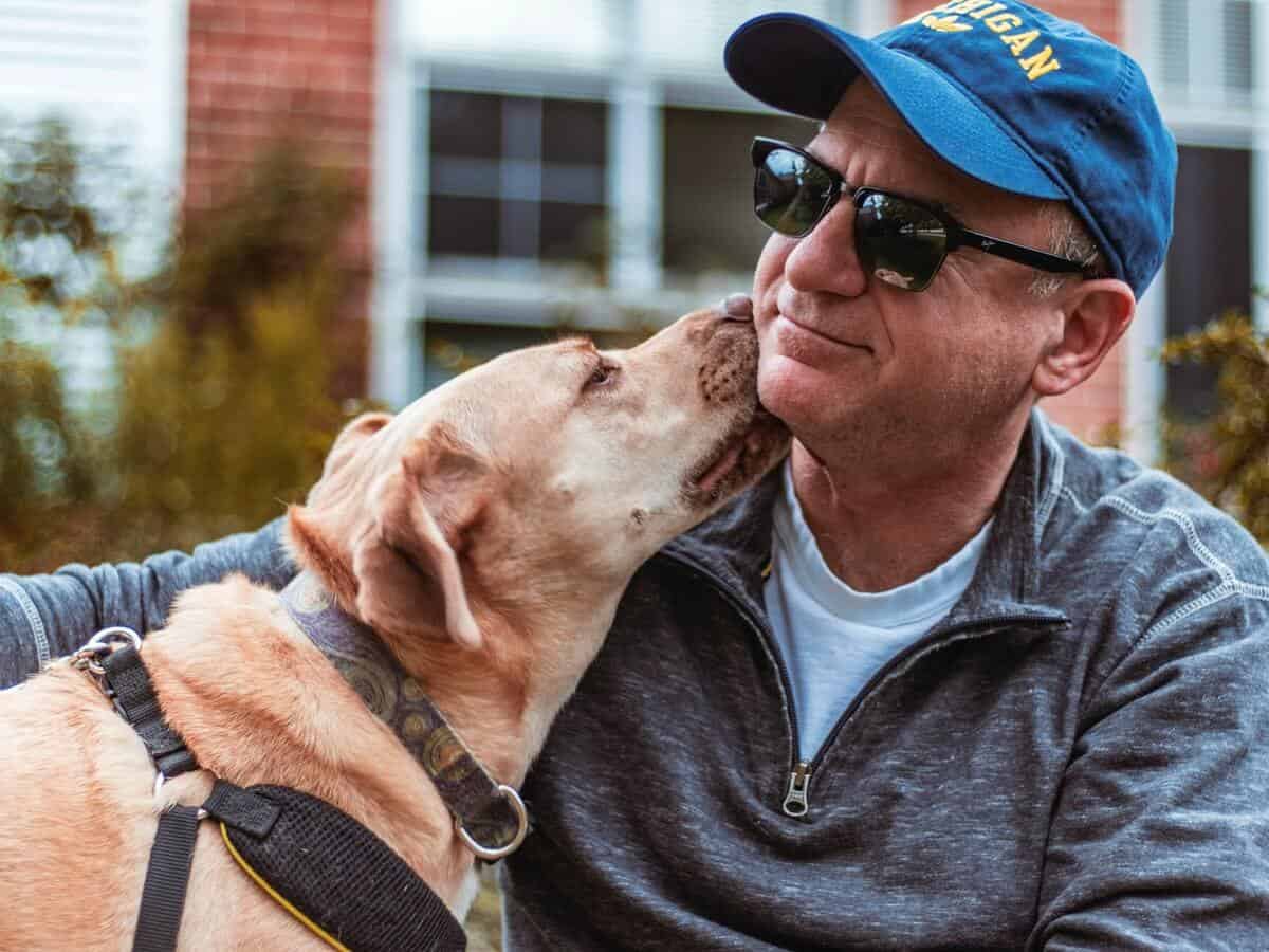 A dog owner smirks as his yellow Labrador licks his cheek.