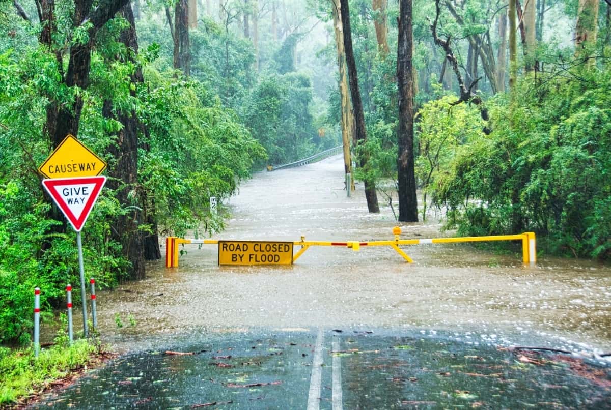 A flooded roadway in a rural setting has a sign in front reading "Road Closed By Flood."