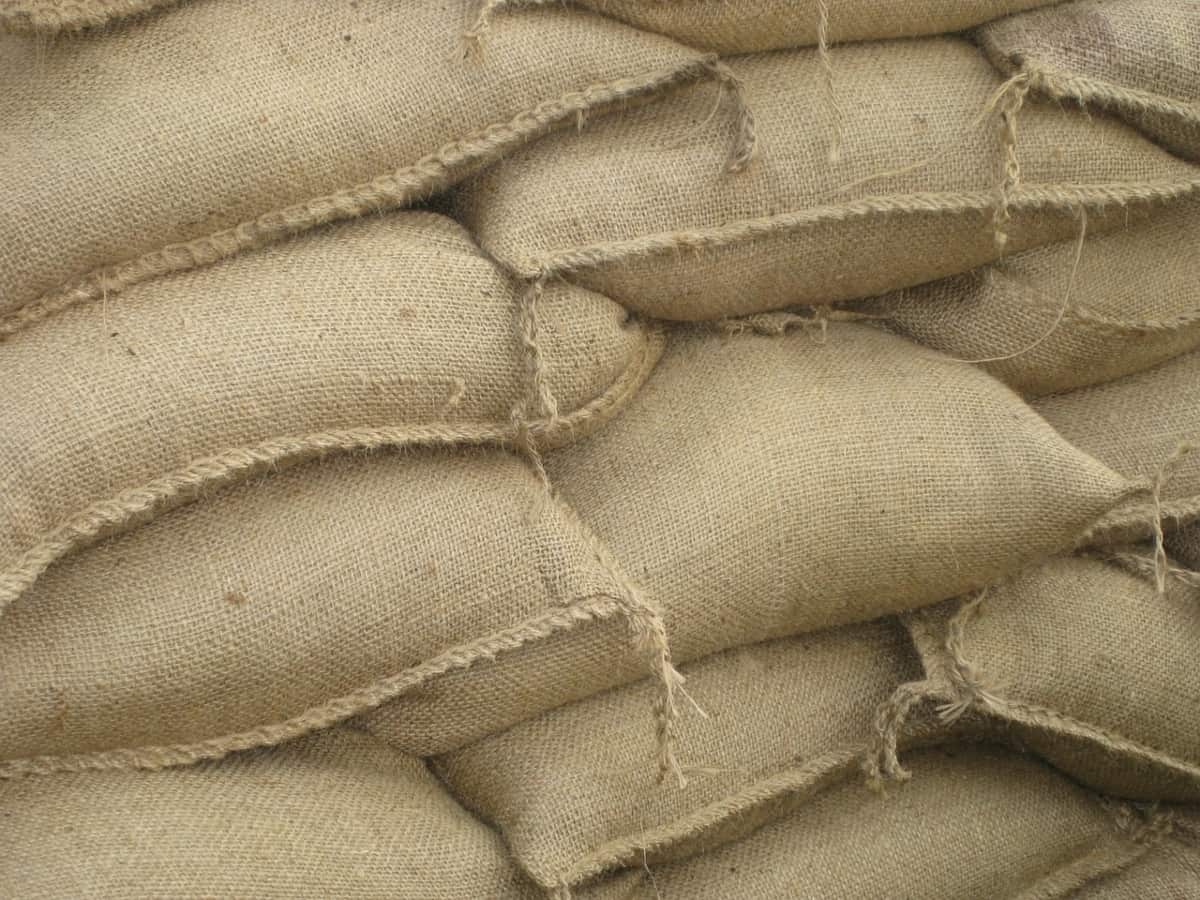 Sandbags stacked on top of one another.