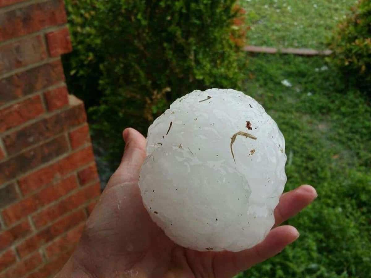 a hand holding a large piece of hail during a hail storm