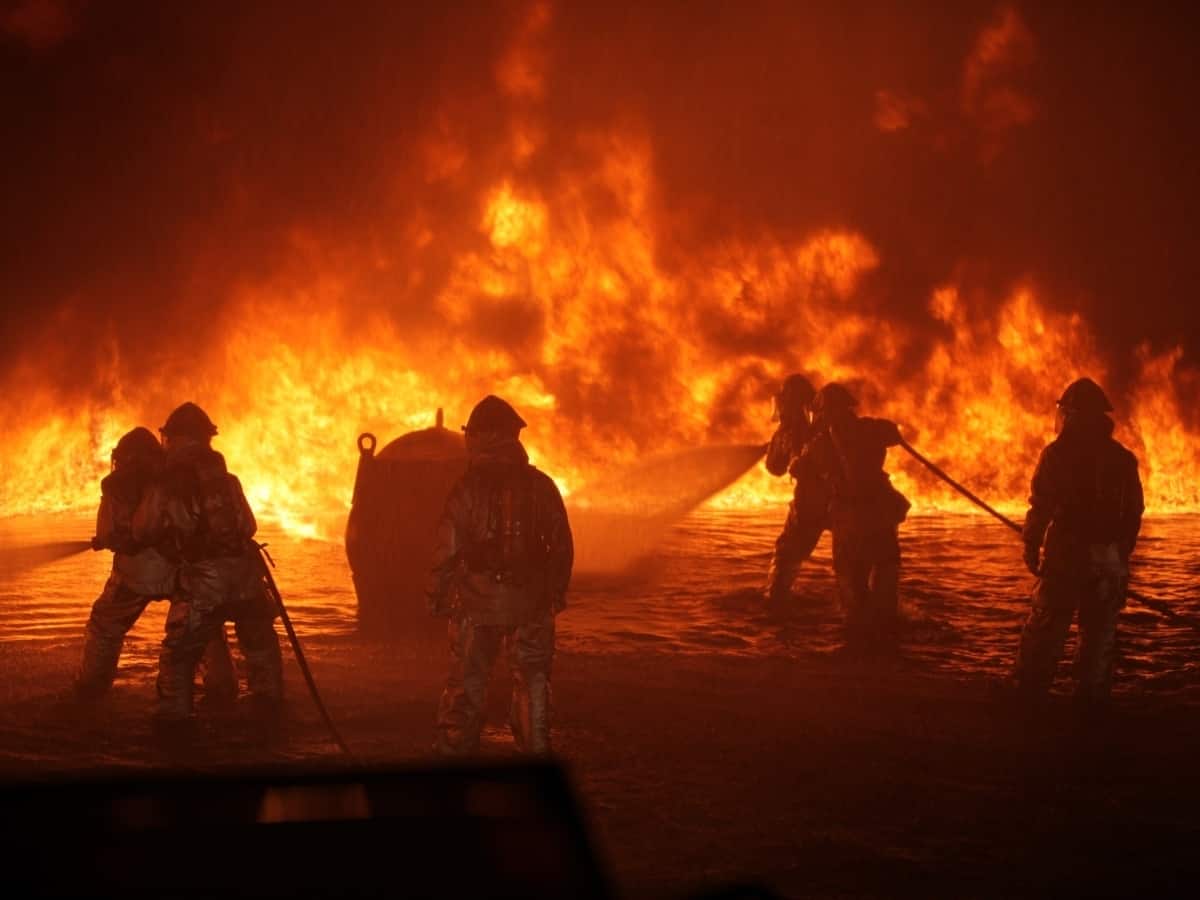firefighters entering a wildfire to try to control the flames