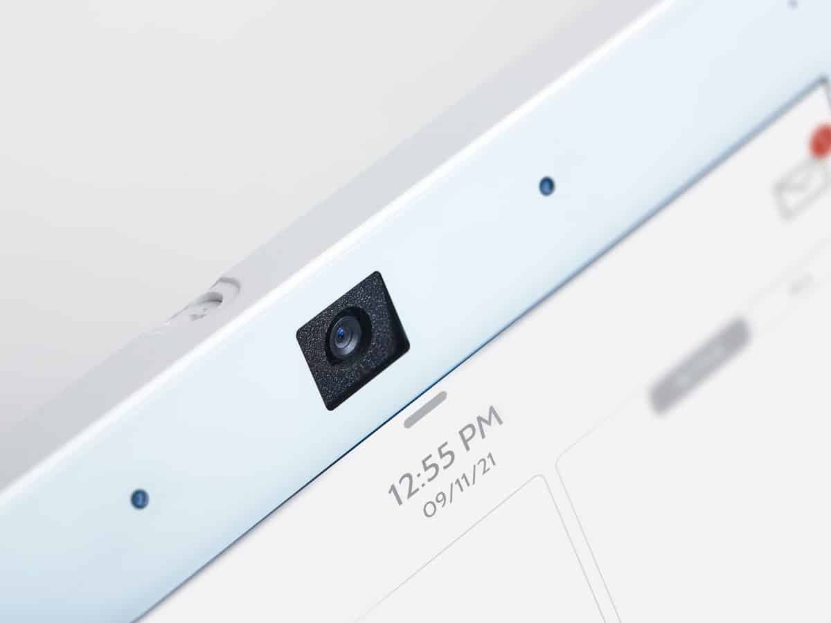 a closeup of the qolsys iq panel camera offering a home security system in tablet form