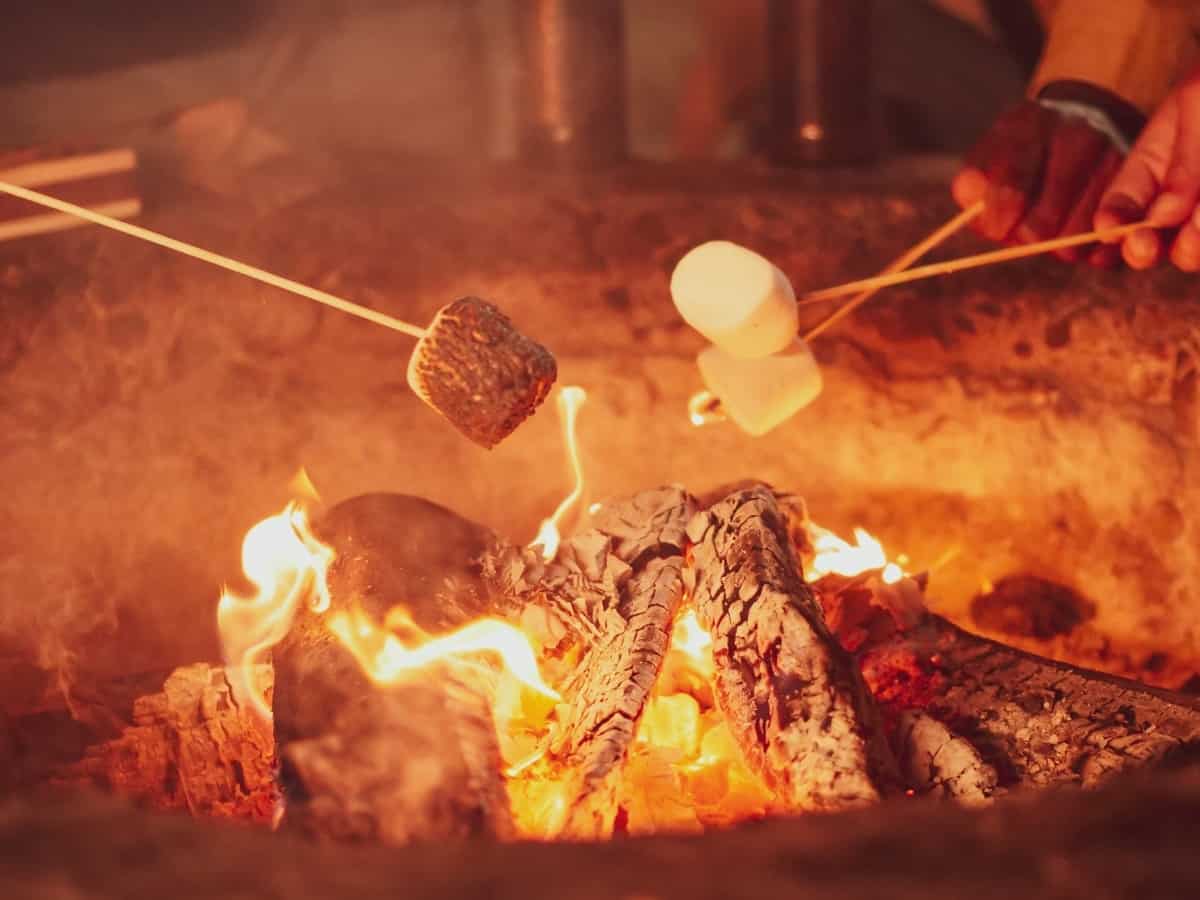 a closeup of a backyard fire pit with marshmallows roasting