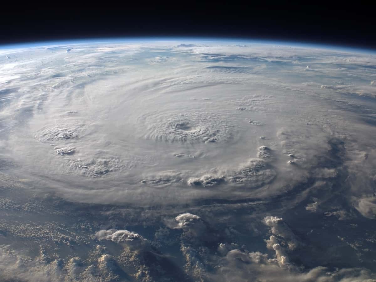 an overview of a hurricane from space, showing the clouds, circulation and the eye of the hurricane storm
