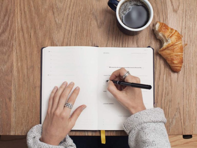 an overhead shot of a hand with a pen and notebook making a checklist with a cup of coffee