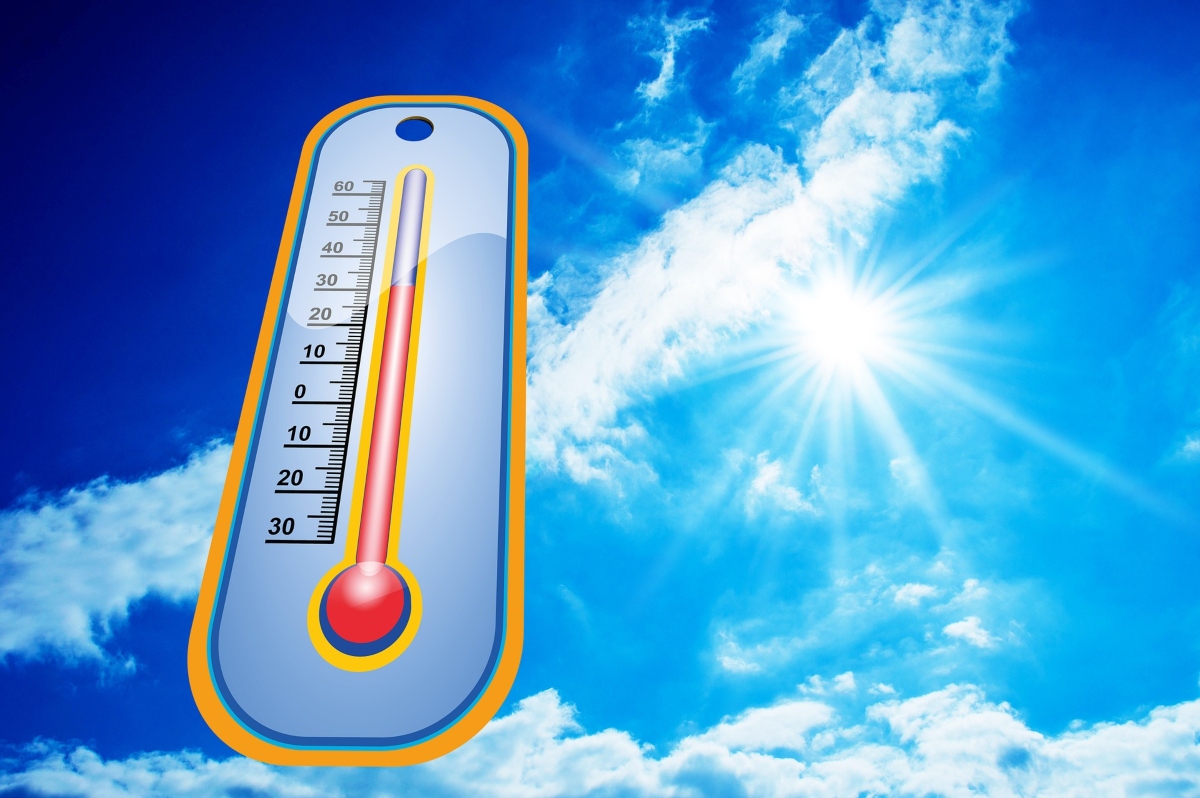 An illustrated thermometer is facing a sky with a bright sun poking through the clouds.