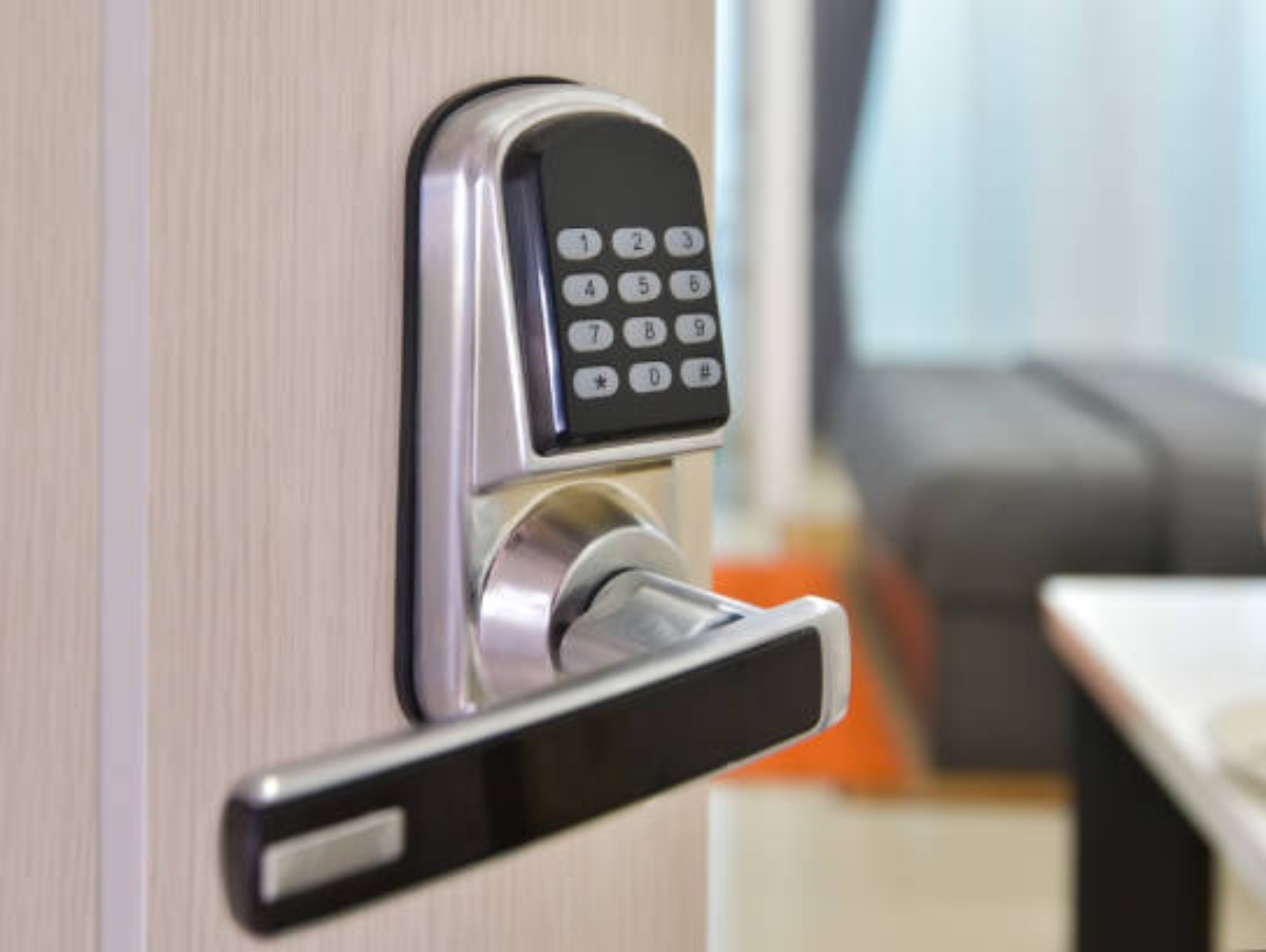 a door lock with keypad outside a home or office