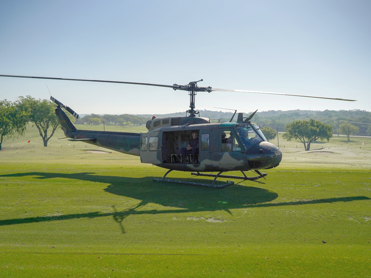 An Army helicopter landing on the golf course at the Denton Country Club on April 3, 2023 for the ONIT Home and The Honor Foundation Annual Golf Tournament