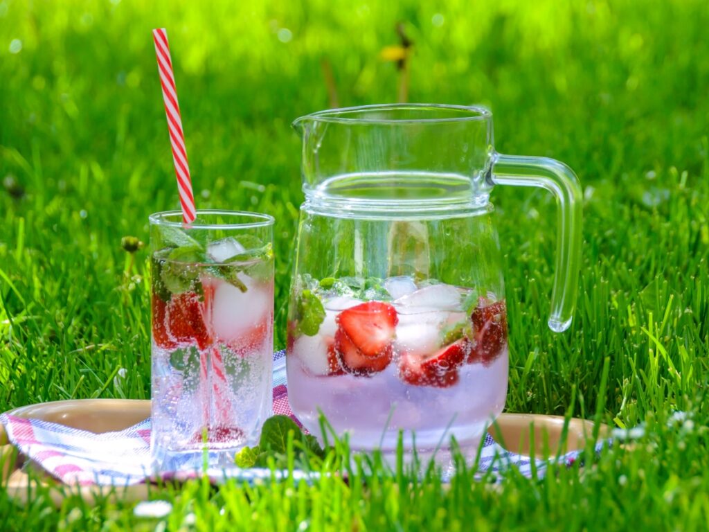 strawberry and basil in water to create a fruit infused water.