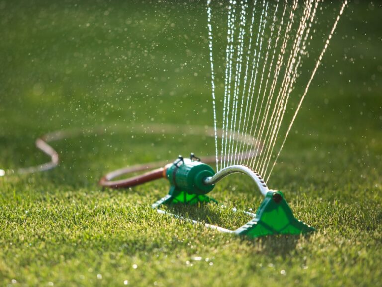 a large hose going back and forth over a lawn to water the lawn