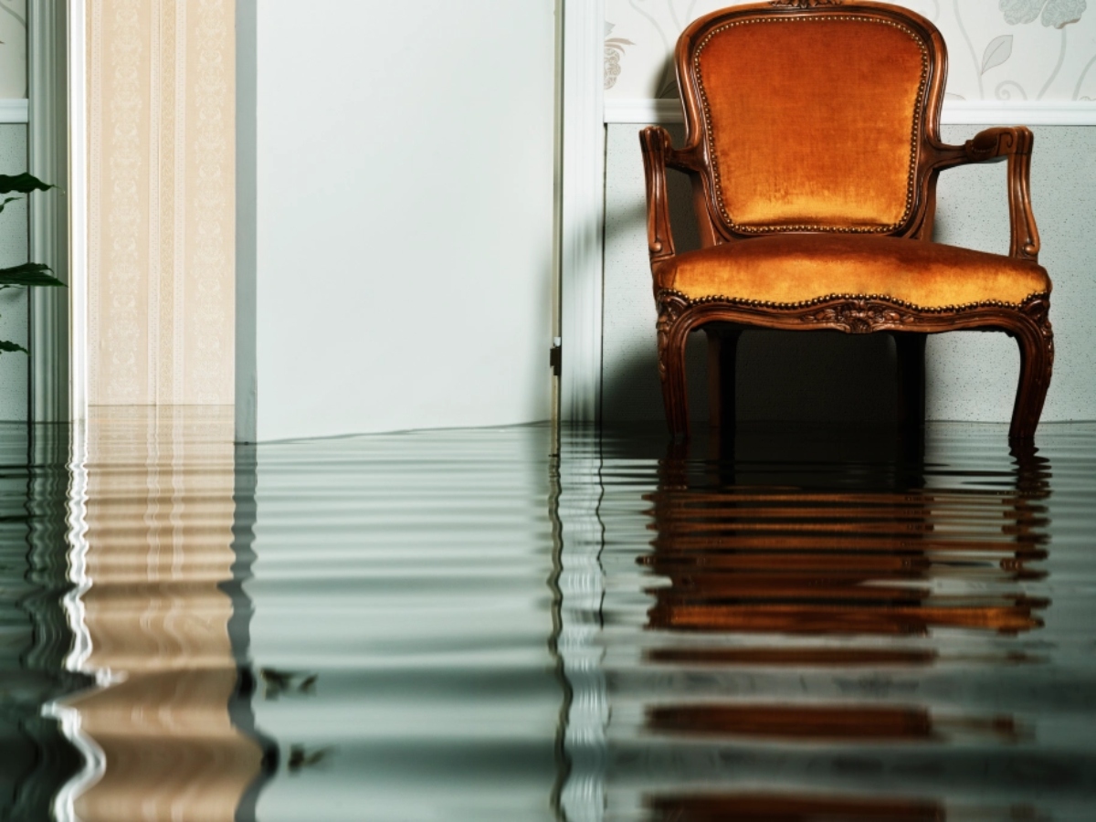antique chair in living room with a large pool of water on the ground
