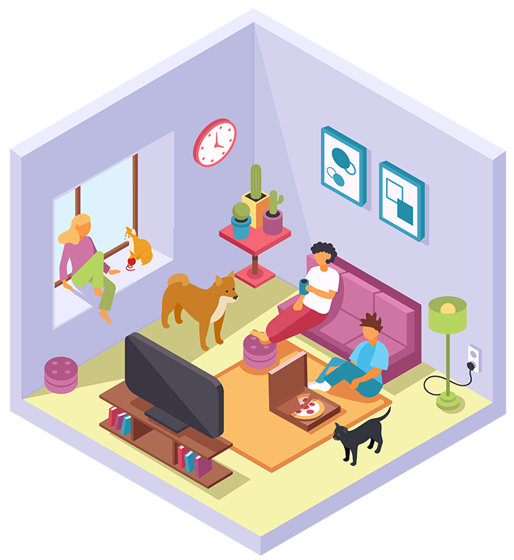 illustration of family and pets in living room